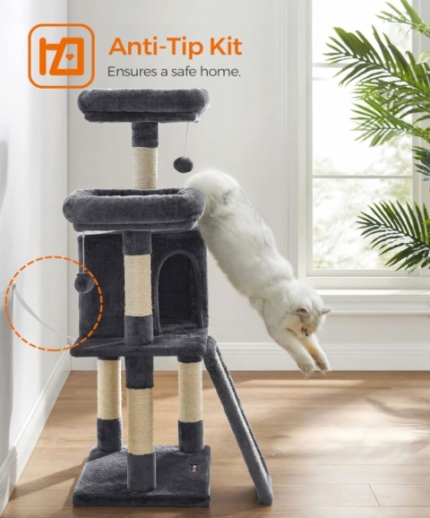 Drapak dla Kota FEANDREA PCT141G01 115 cm – 2 Platformy, Jaskinia, Przydymiony Szary