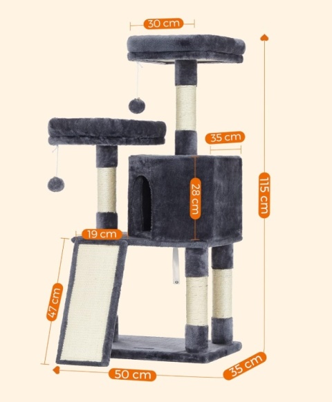 Drapak dla Kota FEANDREA PCT141G01 115 cm – 2 Platformy, Jaskinia, Przydymiony Szary