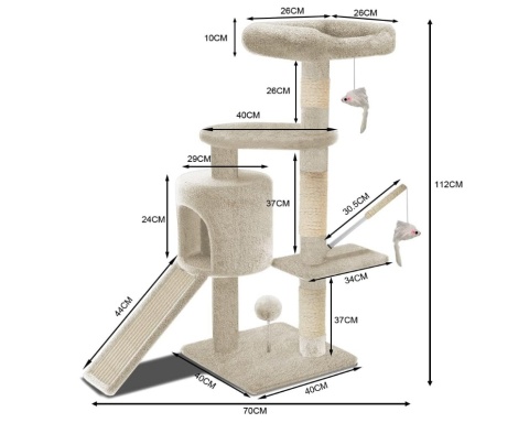 Drapak dla Kota Vounot XL 112 cm – Beżowy, Jaskinia, 2 Platformy, Drabinka