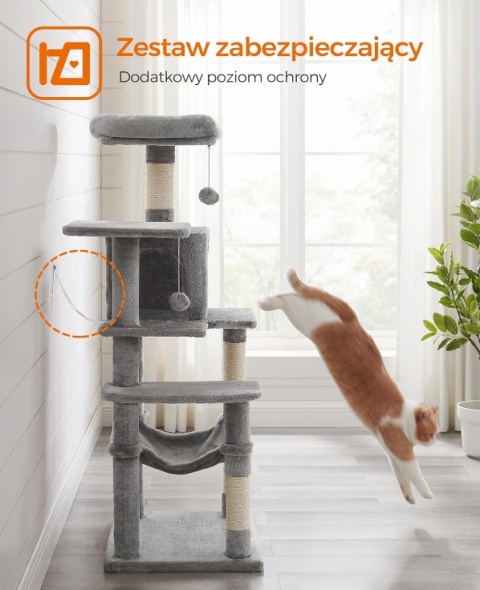 Drapak dla Kota Feandrea 143 cm – Wielopoziomowy, Hamak, Jaskinia, Jasnoszary