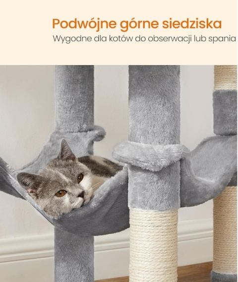Drapak dla Kota Feandrea 143 cm – Wielopoziomowy, Hamak, Jaskinia, Jasnoszary