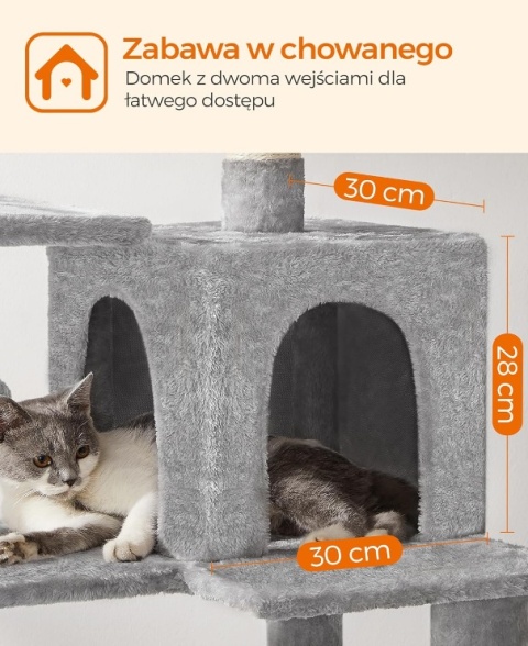 Drapak dla Kota Feandrea 143 cm – Wielopoziomowy, Hamak, Jaskinia, Jasnoszary