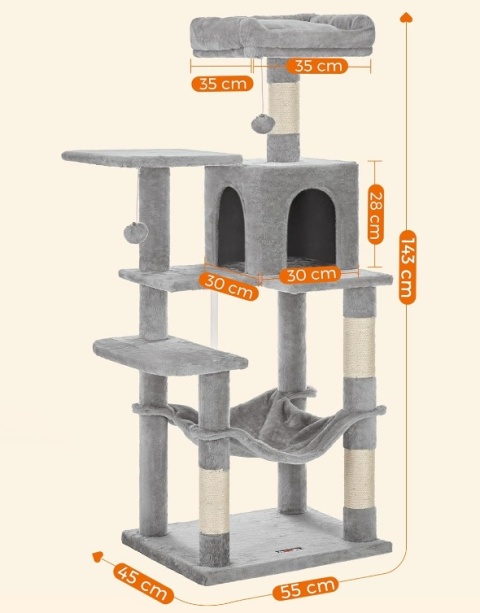 Drapak dla Kota Feandrea 143 cm – Wielopoziomowy, Hamak, Jaskinia, Jasnoszary