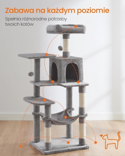 Drapak dla Kota Feandrea 143 cm – Wielopoziomowy, Hamak, Jaskinia, Jasnoszary