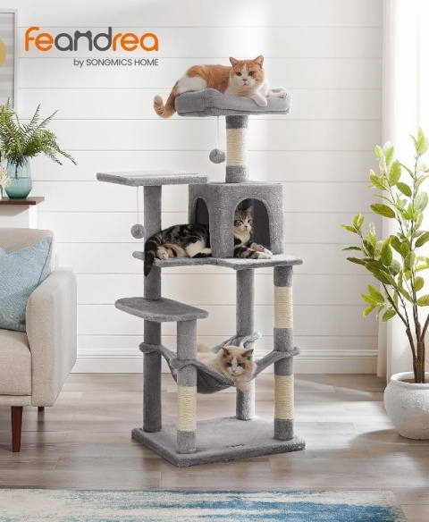 Drapak dla Kota Feandrea 143 cm – Wielopoziomowy, Hamak, Jaskinia, Jasnoszary