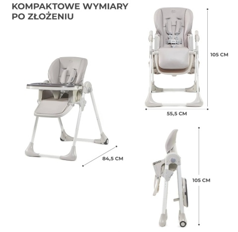 Krzesełko do karmienia Kinderkraft YUMMY – Regulowane, Składane, Ekoskóra, Szare