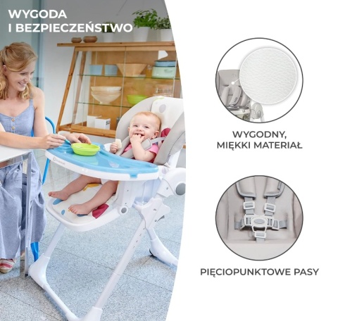 Krzesełko do karmienia Kinderkraft YUMMY – Regulowane, Składane, Ekoskóra, Szare