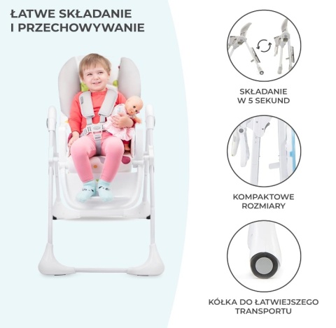 Krzesełko do karmienia Kinderkraft YUMMY – Regulowane, Składane, Ekoskóra, Szare