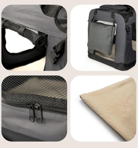 Składany Transporter Lionto 60x42x44 cm – Szary, do 12 kg, z Poduszką i Stalową Ramą