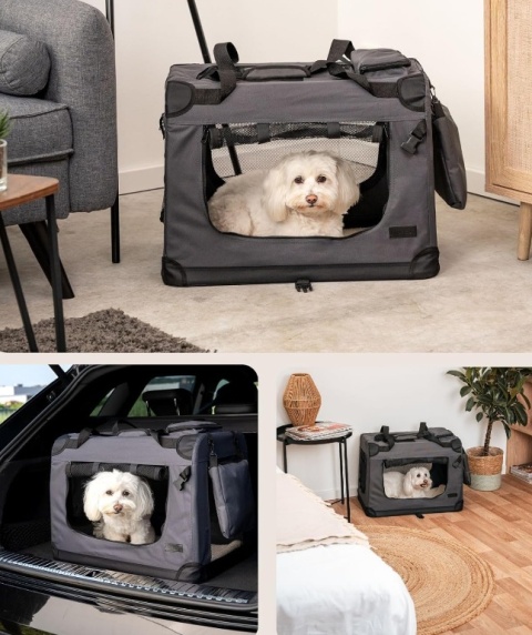 Składany Transporter Lionto 60x42x44 cm – Szary, do 12 kg, z Poduszką i Stalową Ramą