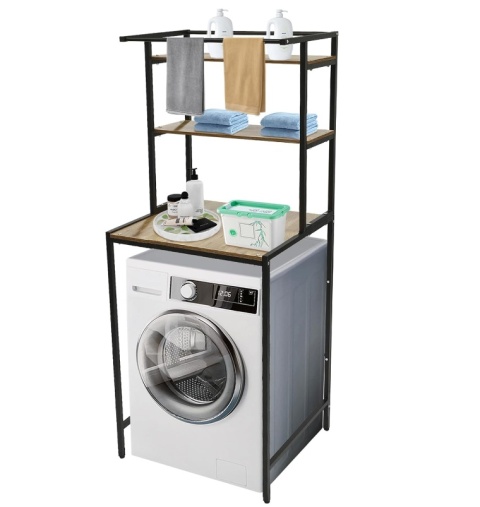 Regał Łazienkowy nad Pralkę Mlonausz – 3 Poziomy, Styl Loft, Czarny + Dąb