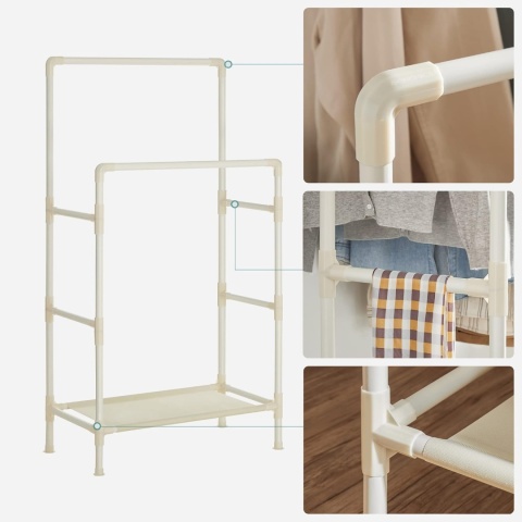 SONGMICS – Metalowy wieszak/ regał na ubrania z podwójnym drążkiem i półkami – biały