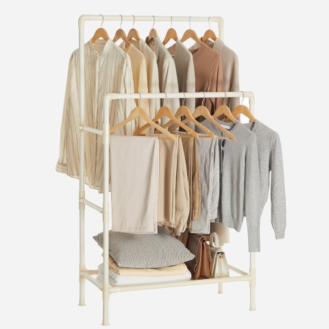 SONGMICS – Metalowy wieszak/ regał na ubrania z podwójnym drążkiem i półkami – biały