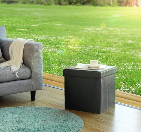 Skrzynia do Siedzenia SONGMICS 38x38x38 cm – Taboret, Pufa, Pojemnik, Czarna Eko-Skóra