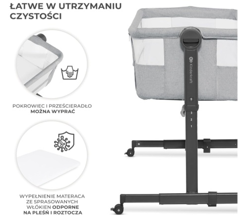 Łóżeczko Dostawne 2w1 Kinderkraft NESTEE UP 2 – Regulacja Wysokości, Materac, Szare