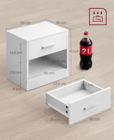 Stolik Nocny VASAGLE – Klasyczna Biel, Szuflada i Otwarta Komora, 39 cm