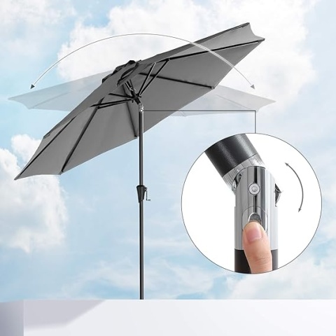 SONGMICS Parasol Ogrodowy 2,7 m – Ośmiokątny, UPF 50+, Poliestrowy, Mechanizm Korby i Nachylenia, Szary