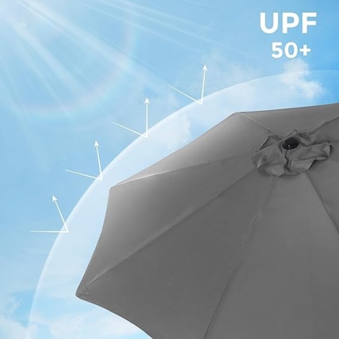 SONGMICS Parasol Ogrodowy 2,7 m – Ośmiokątny, UPF 50+, Poliestrowy, Mechanizm Korby i Nachylenia, Szary