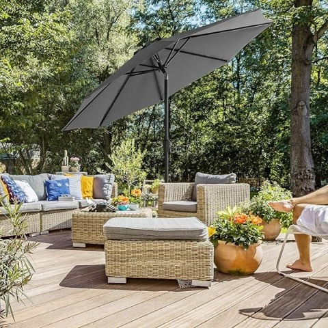 SONGMICS Parasol Ogrodowy 2,7 m – Ośmiokątny, UPF 50+, Poliestrowy, Mechanizm Korby i Nachylenia, Szary