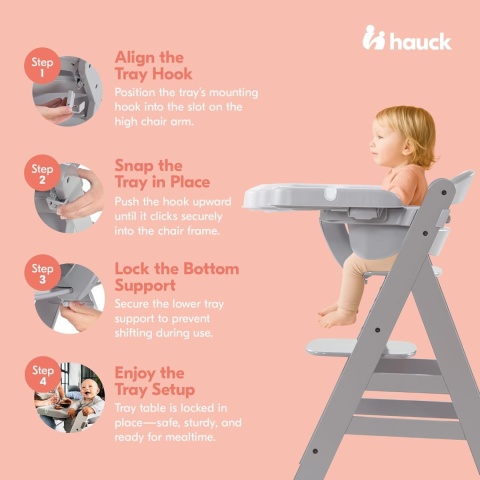 Hauck Alpha Tray 3w1 – regulowany stolik z wyjmowaną tacą do krzesełek Alpha+ i Beta+, szary