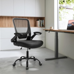 SONGMICS Ergonomiczne krzesło biurowe z siatki, składane podłokietniki, czarne OBN37BK