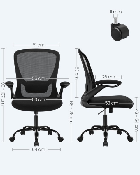 SONGMICS Ergonomiczne krzesło biurowe z siatki, składane podłokietniki, czarne OBN37BK