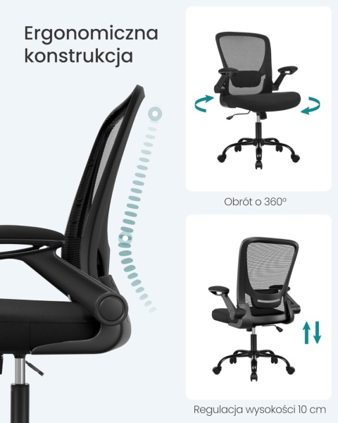 SONGMICS Ergonomiczne krzesło biurowe z siatki, składane podłokietniki, czarne OBN37BK