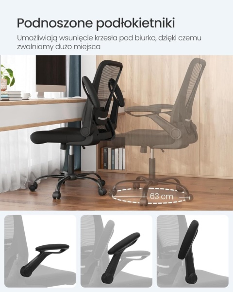 SONGMICS Ergonomiczne krzesło biurowe z siatki, składane podłokietniki, czarne OBN37BK