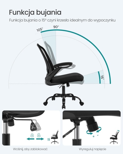 SONGMICS Ergonomiczne krzesło biurowe z siatki, składane podłokietniki, czarne OBN37BK