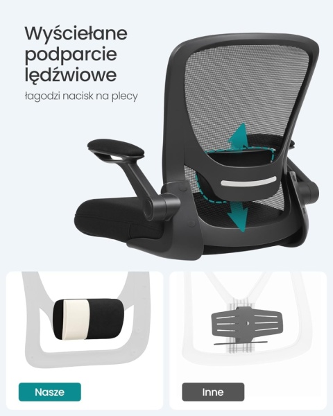 SONGMICS Ergonomiczne krzesło biurowe z siatki, składane podłokietniki, czarne OBN37BK